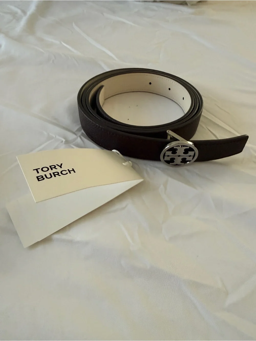 Tory Burch Dark Brown Leather Belt with Silver Logo Buckle